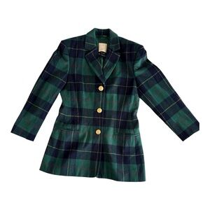 Vintage Tartan Plaid Green and Navy Blue Blazer with Gold Buttons - 38 /8/M